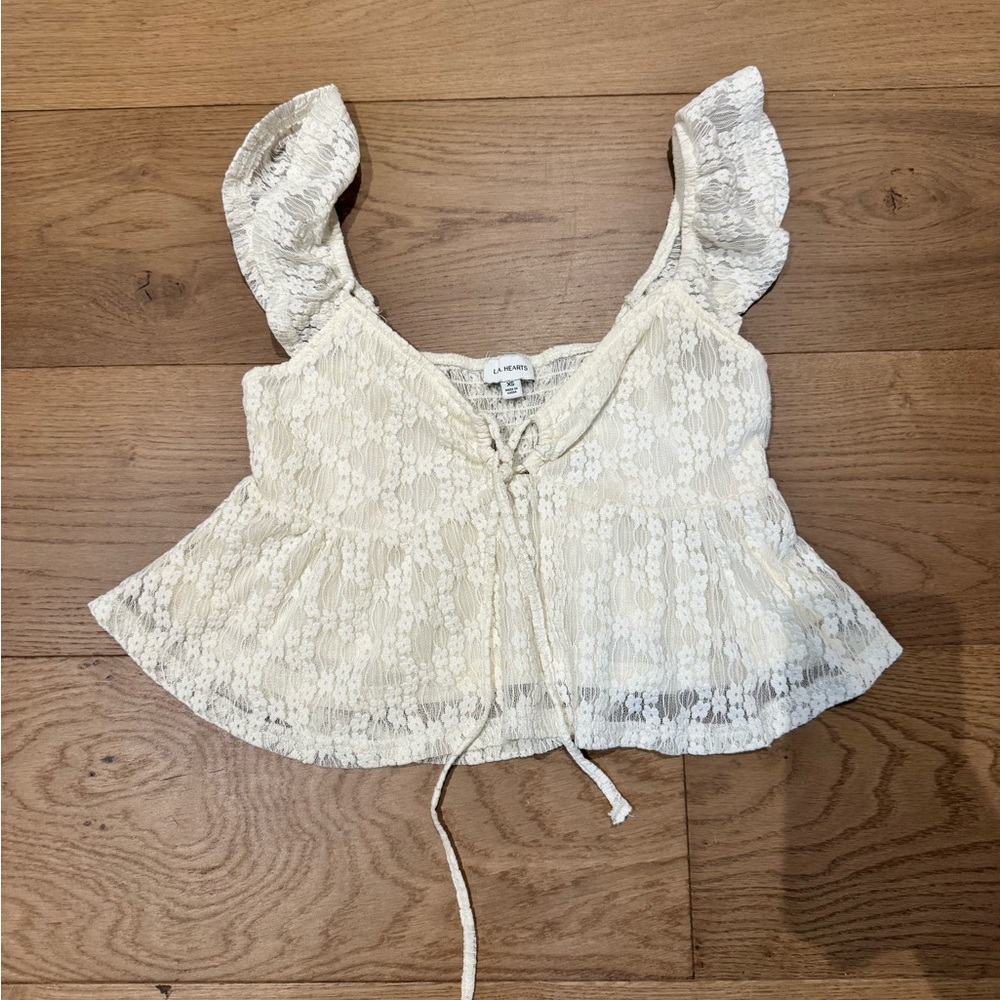 La Hearts Cream Flutter Sleeve Ruffled Crop Blouse